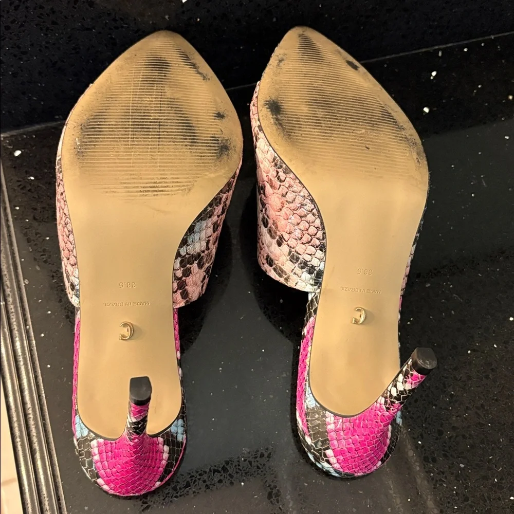 *Carvela Pink Turquoise Black Leather Snakeskin Stiletto Open Toe Heels Slides - Picture 5 of 9